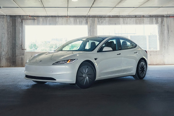 Three-quarter view of the front of the 2026 Tesla Model 3